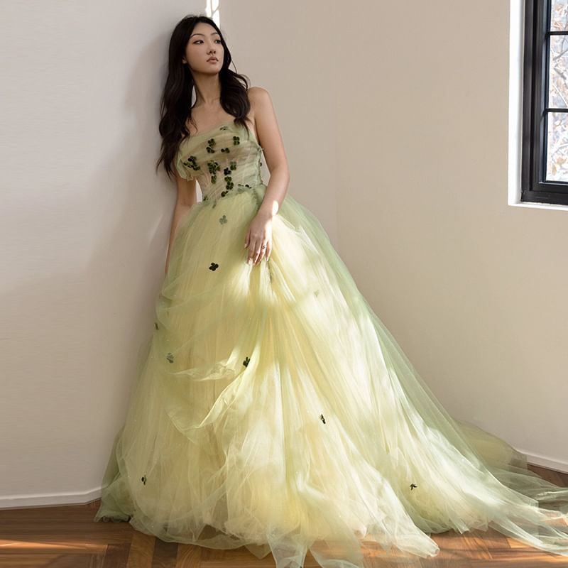 Strapless Flower Detail A-Line Ball Gown FashionChic