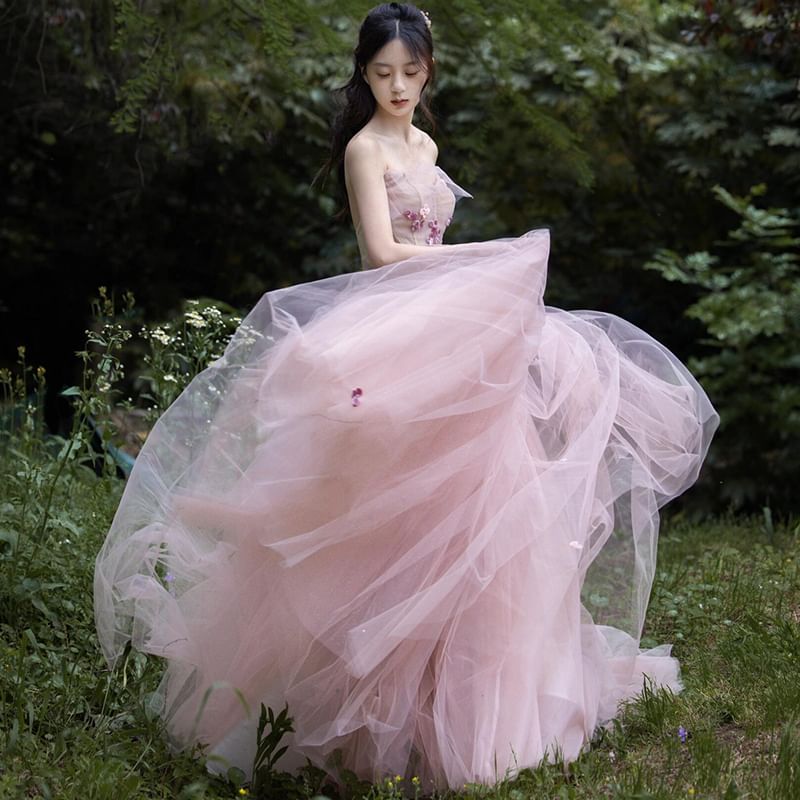 Strapless Flower Detail A-Line Ball Gown FashionChic