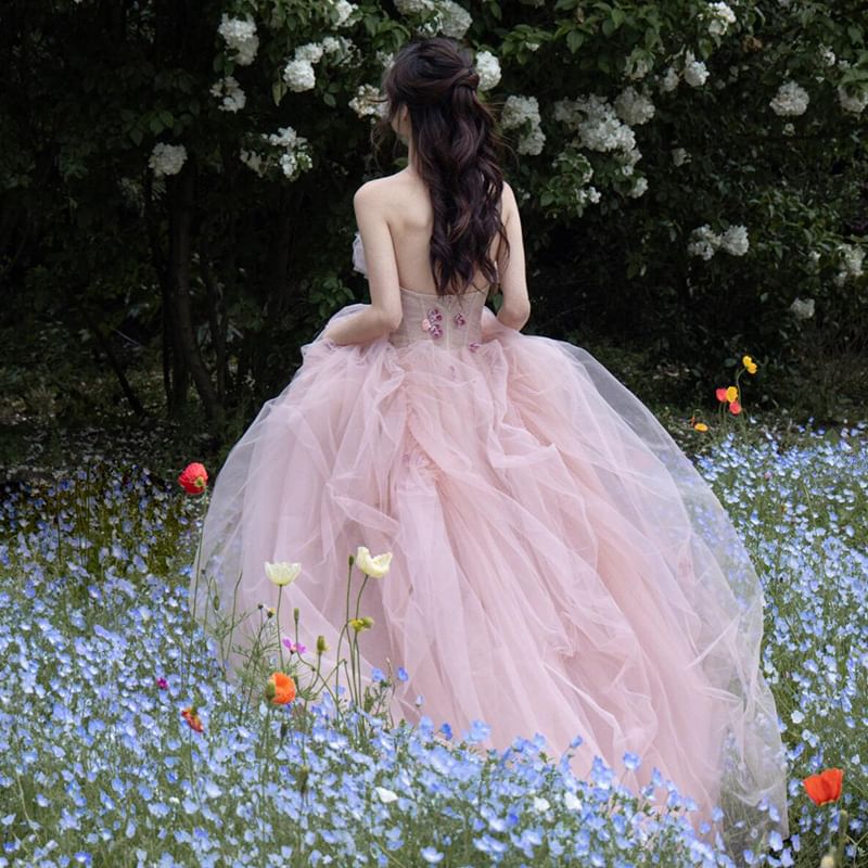 Strapless Flower Detail A-Line Ball Gown FashionChic
