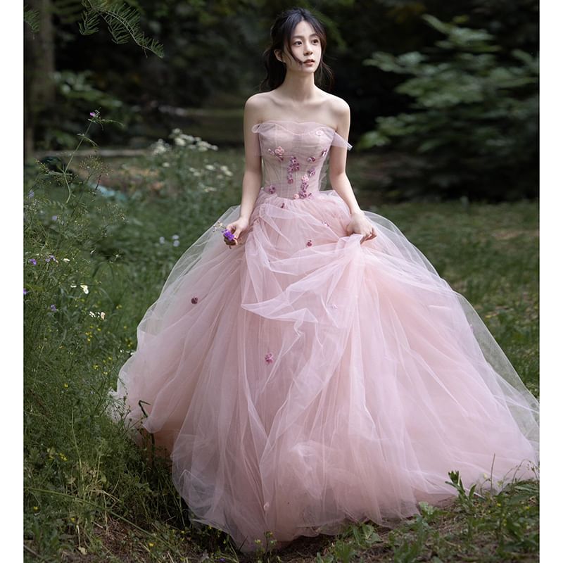 Strapless Flower Detail A-Line Ball Gown FashionChic