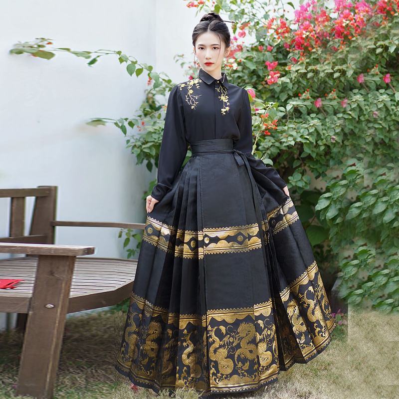 Flower Embroidered Shirt / High Rise Dragon Print Maxi Ma Mian Skirt / Arm Sleeves SpreePicky