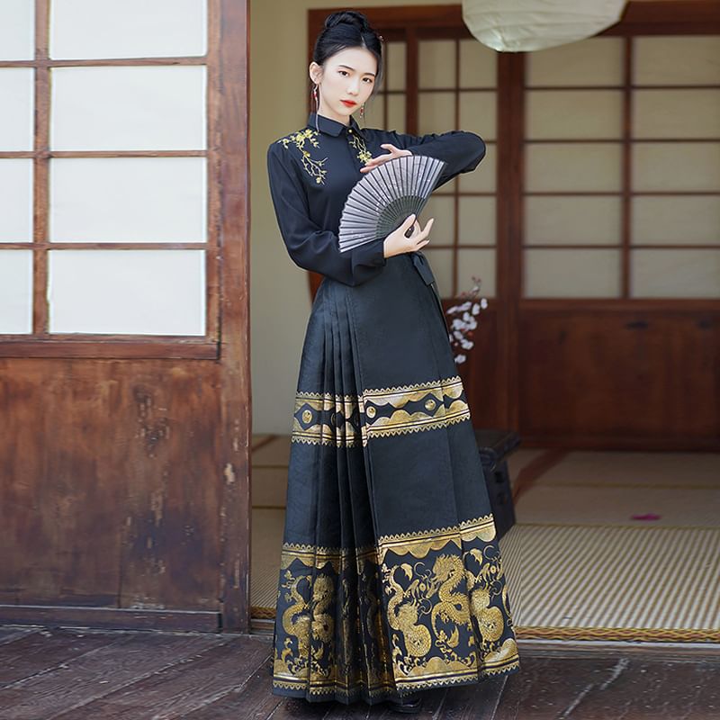 Flower Embroidered Shirt / High Rise Dragon Print Maxi Ma Mian Skirt / Arm Sleeves SpreePicky