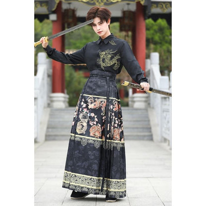 Dragon Embroidered Shirt / Dragon Print Maxi Ma Mian Skirt SpreePicky