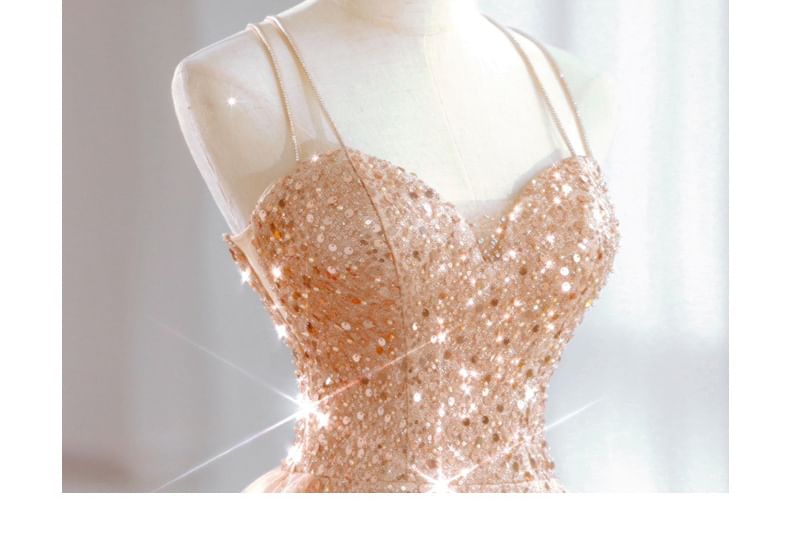 Spaghetti Strap Sequin Panel Mesh A-Line Evening Gown SpreePicky