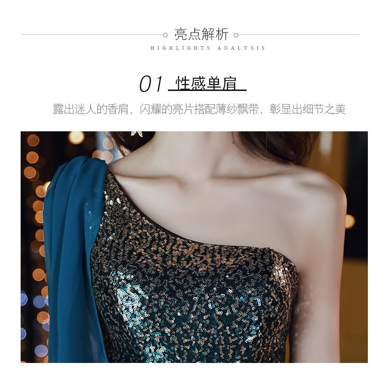 Sleeveless One Shoulder Sequin Gradient Mermaid Evening Gown SpreePicky