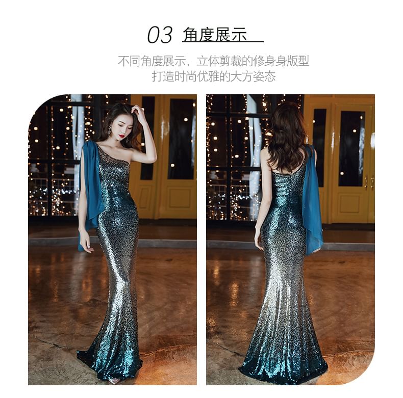 Sleeveless One Shoulder Sequin Gradient Mermaid Evening Gown SpreePicky