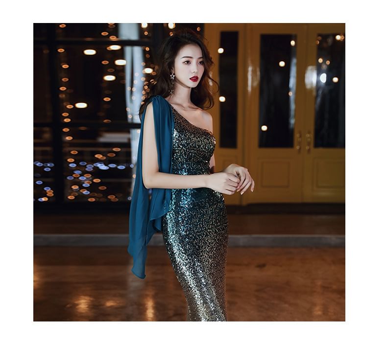 Sleeveless One Shoulder Sequin Gradient Mermaid Evening Gown SpreePicky