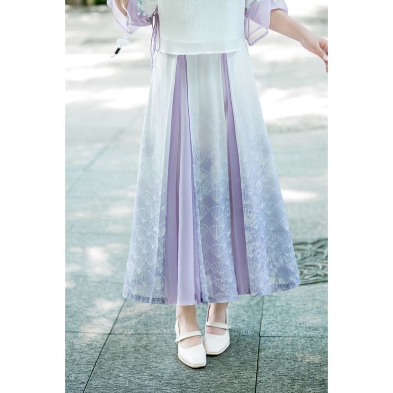 Elbow-Sleeve Mandarin Collar Floral Embroidered Panel Top / High Rise Fan Print Panel Maxi A-Line Skirt SpreePicky