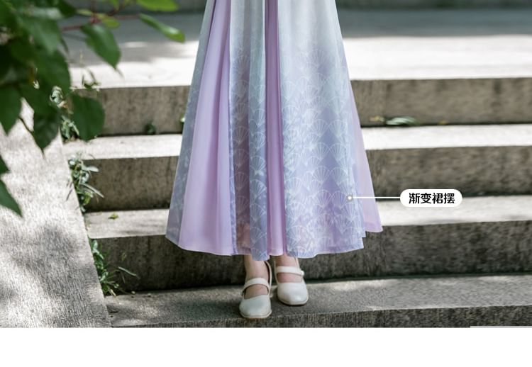 Elbow-Sleeve Mandarin Collar Floral Embroidered Panel Top / High Rise Fan Print Panel Maxi A-Line Skirt SpreePicky