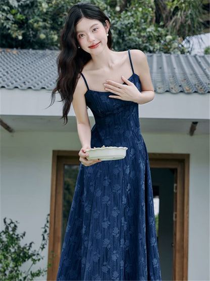 Plain Cardigan / Spaghetti Strap Floral Denim Maxi A SpreePicky