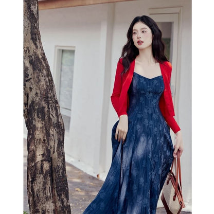 Plain Cardigan / Spaghetti Strap Floral Denim Maxi A SpreePicky