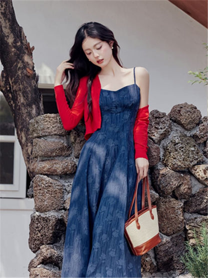 Plain Cardigan / Spaghetti Strap Floral Denim Maxi A SpreePicky