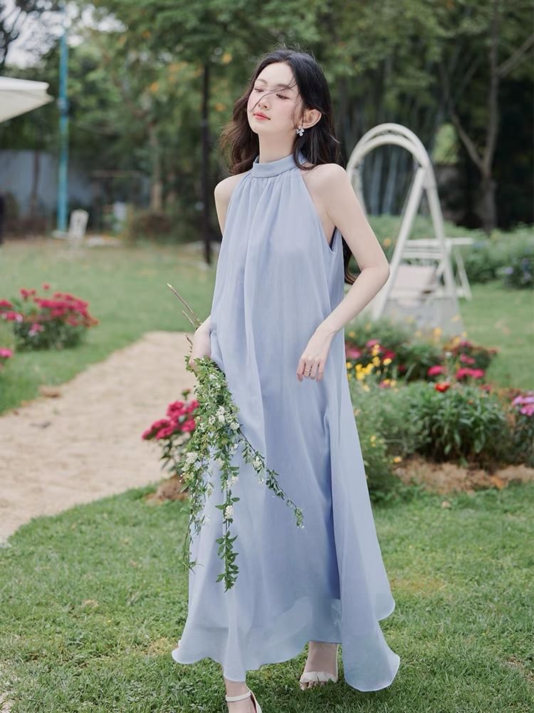 Halter Plain Maxi Sundress / Belt / Cardigan / Set SpreePicky