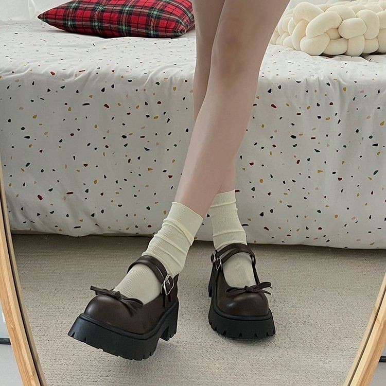 Platform Double Strap Plain Bow Accent Faux Leather Mary Jane Shoes mySite