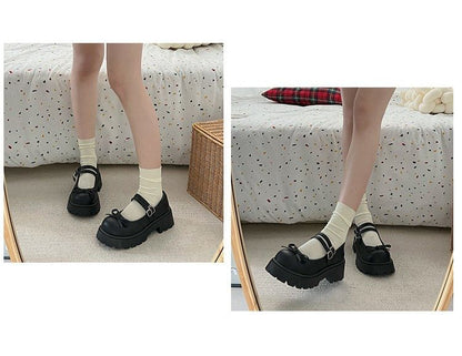 Platform Double Strap Plain Bow Accent Faux Leather Mary Jane Shoes mySite