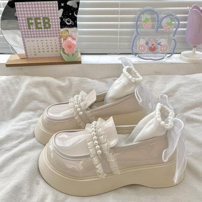 Platform Faux Pearl Accent Frill Trim Patent Leather Loafers mySite