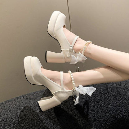 Chunky Heel Faux Pearl Ankle Strap Bow Accent Patent Leather Mary Jane Pumps mySite