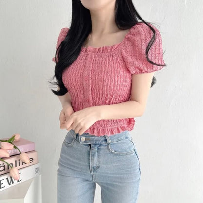 Short-Sleeve Square Neck Plain Ruched Top mySite