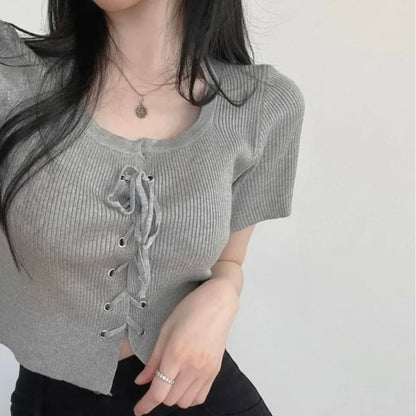 Short-Sleeve Scoop Neck Plain Lace Up Knit Top mySite