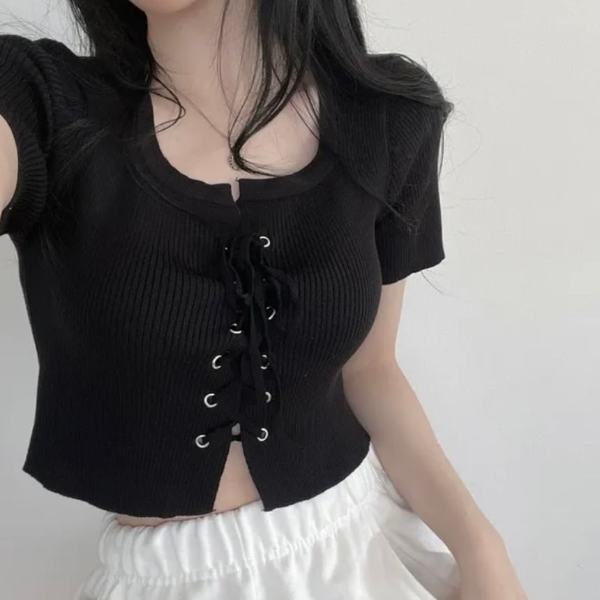 Short-Sleeve Scoop Neck Plain Lace Up Knit Top mySite