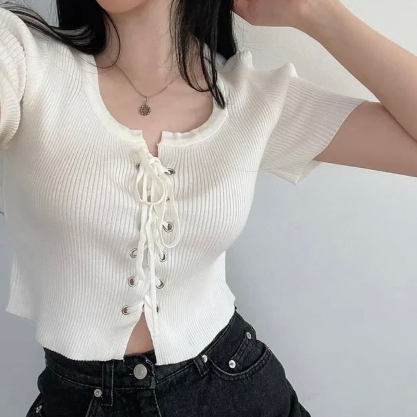 Short-Sleeve Scoop Neck Plain Lace Up Knit Top mySite