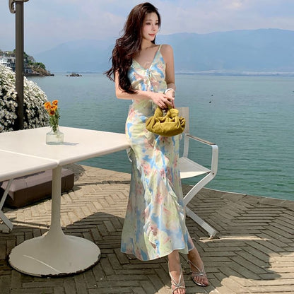 Spaghetti Strap Floral Ruffle Trim Maxi Sheath Dress mySite