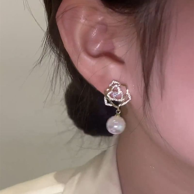 Floral Rhinestone Faux Pearl Drop Earring SpreePicky