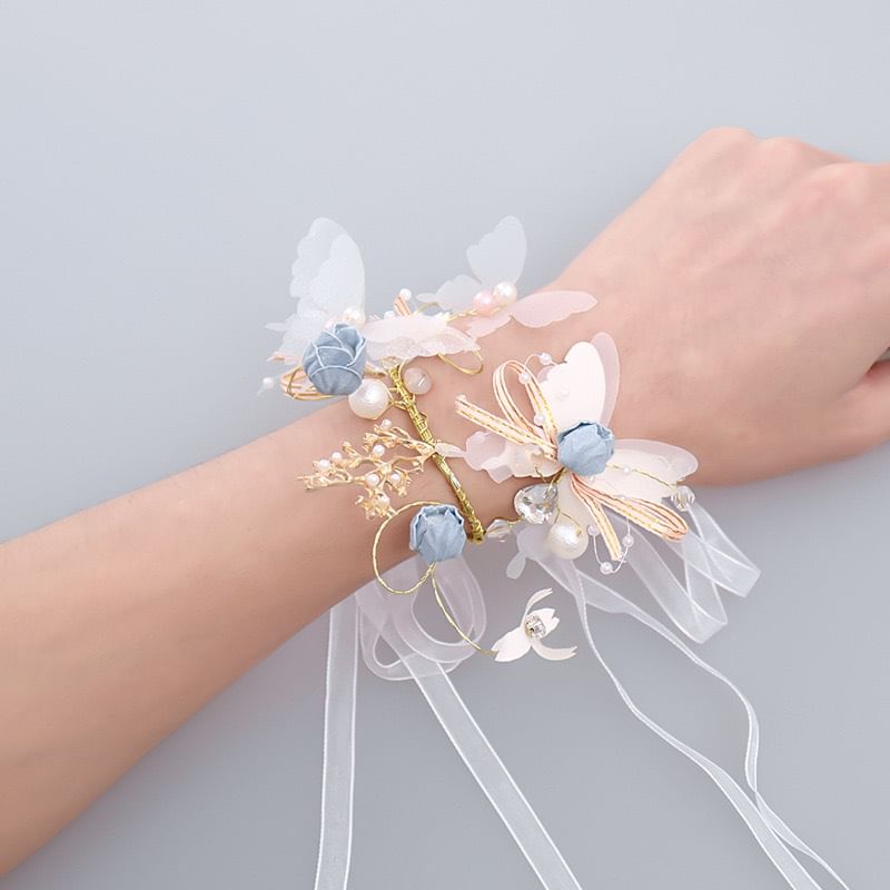 Floral Butterfly Faux Pearl Wrist Corsage SpreePicky