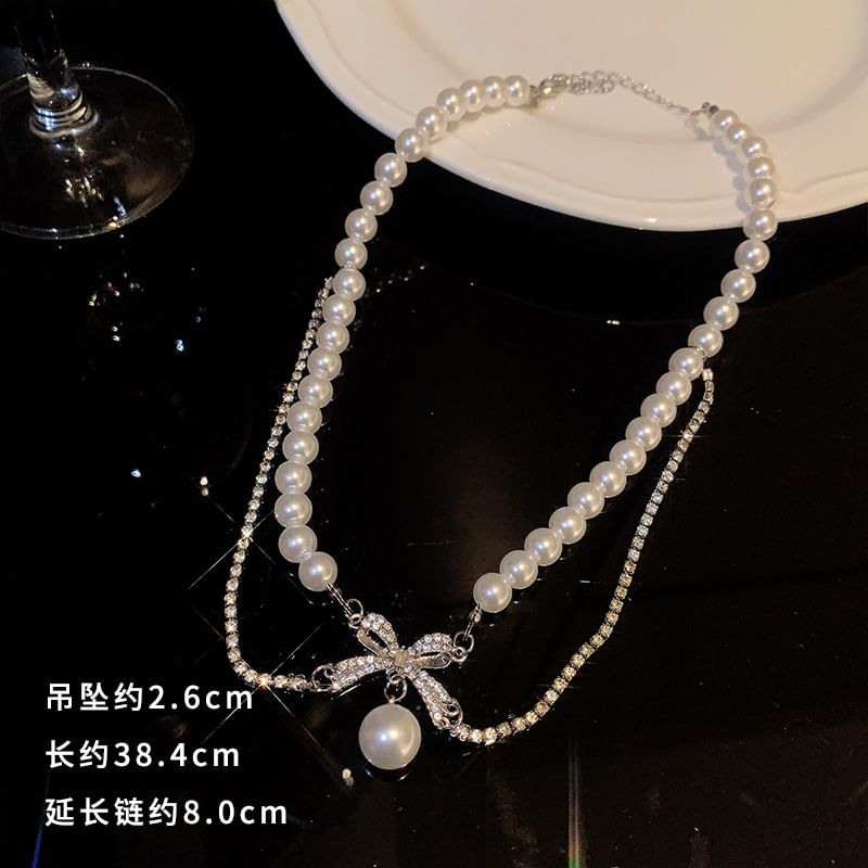 Faux Pearl Pendant Bow Rhinestone Necklace SpreePicky