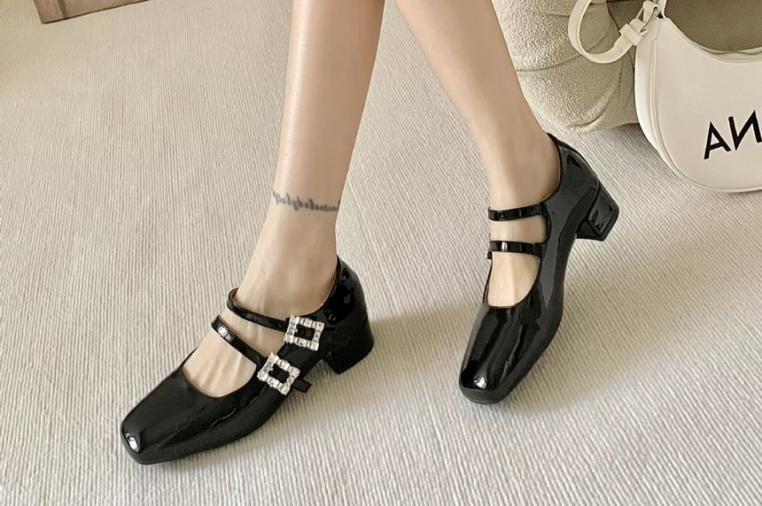 Square Toe Rhinestone Buckle Mary Jane Pumps SpreePicky