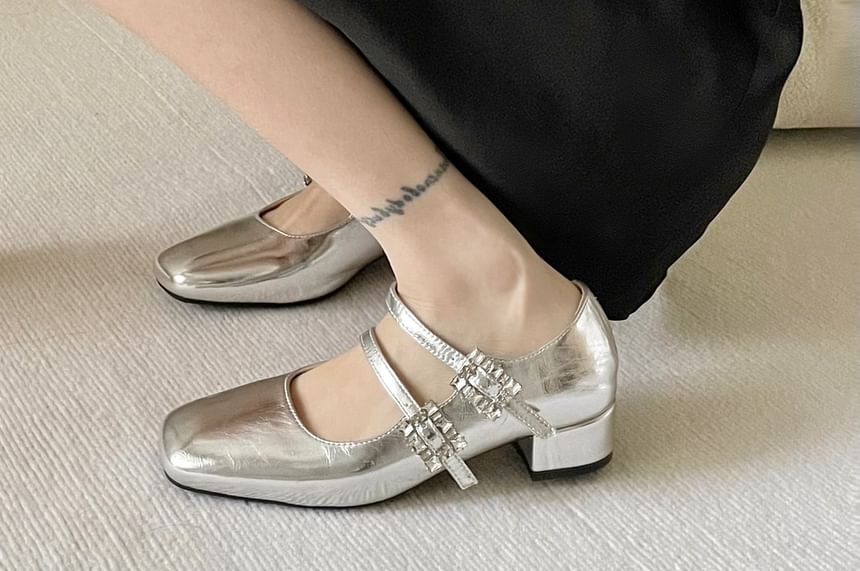 Square Toe Rhinestone Buckle Mary Jane Pumps SpreePicky