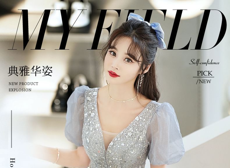 (Various A-Line Designs) V-Neck Gown Evening Glitter Short-Sleeve FashionChic