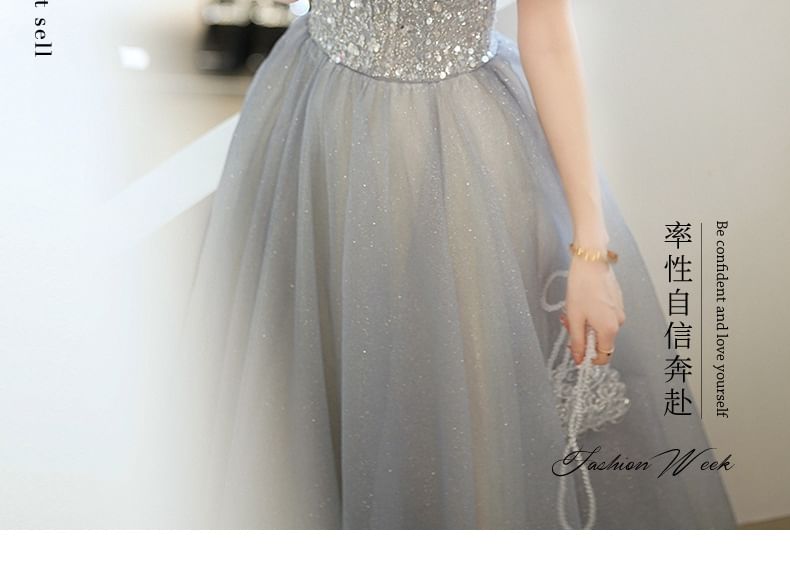 (Various A-Line Designs) V-Neck Gown Evening Glitter Short-Sleeve FashionChic