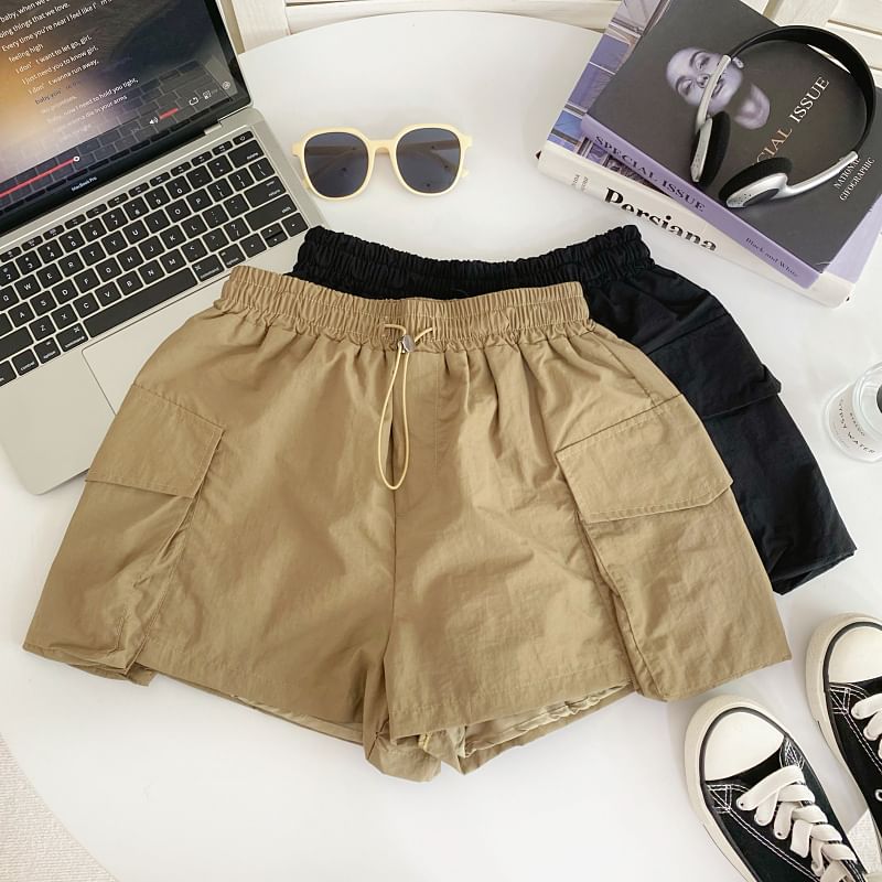 Drawstring Waist Plain Cargo Shorts mySite