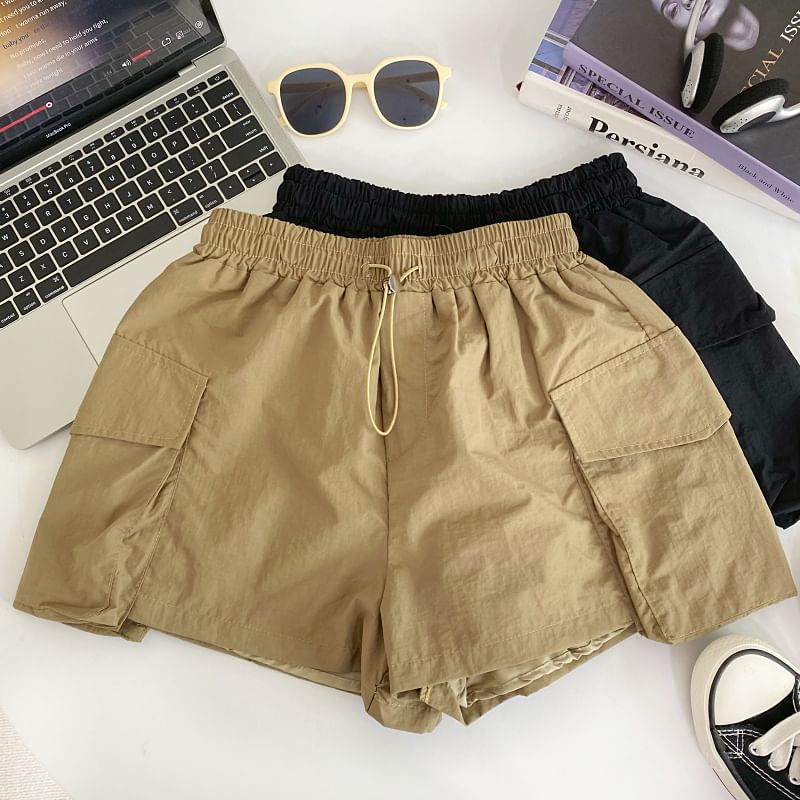 Drawstring Waist Plain Cargo Shorts mySite