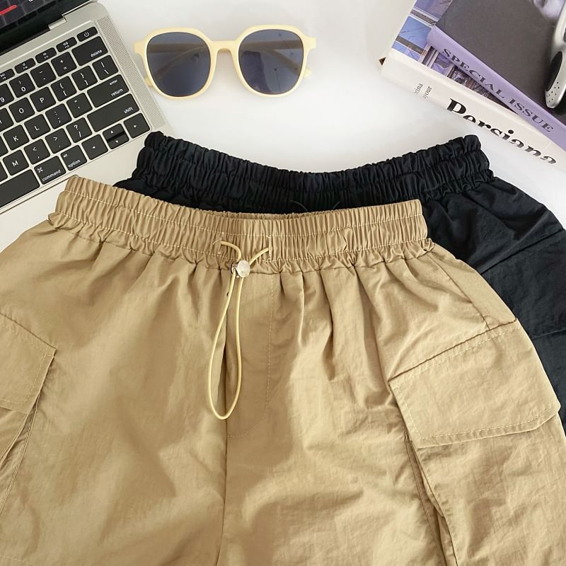 Drawstring Waist Plain Cargo Shorts mySite