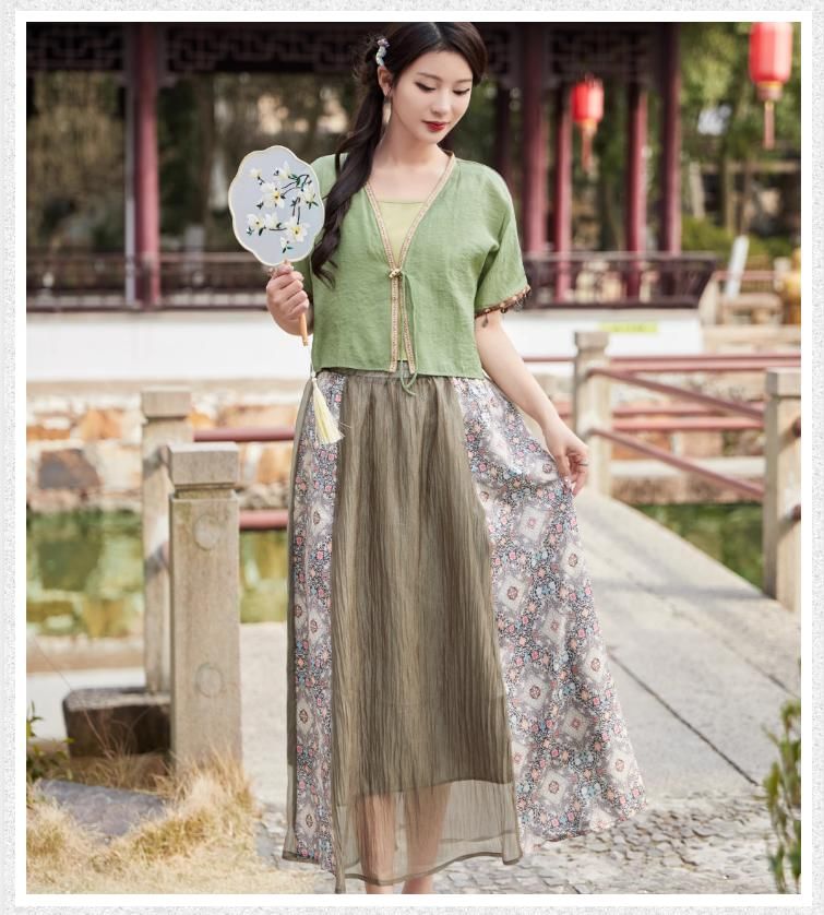 Set: Short-Sleeve V-Neck Floral Trim Toggle Jacket + Cami Top + High Rise Patterned Print Panel Maxi A-Line Skirt SpreePicky