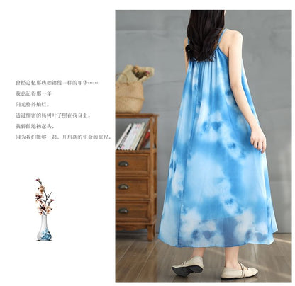 Spaghetti Strap Tie Dye Butterfly Detail Gathered Maxi A-Line Dress SpreePicky