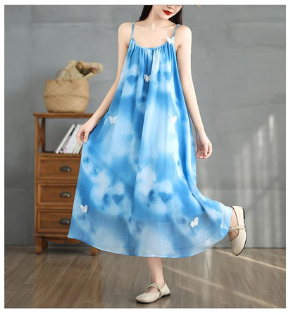 Spaghetti Strap Tie Dye Butterfly Detail Gathered Maxi A-Line Dress SpreePicky