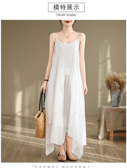 Spaghetti Strap Plain Asymmetrical Maxi A-Line Dress SpreePicky