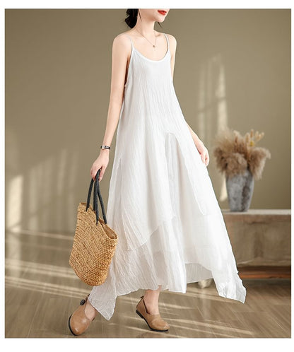 Spaghetti Strap Plain Asymmetrical Maxi A-Line Dress SpreePicky