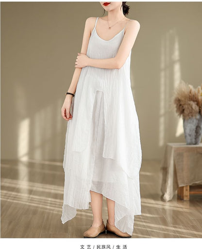 Spaghetti Strap Plain Asymmetrical Maxi A-Line Dress SpreePicky