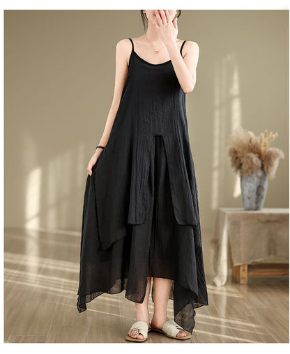 Spaghetti Strap Plain Asymmetrical Maxi A-Line Dress SpreePicky