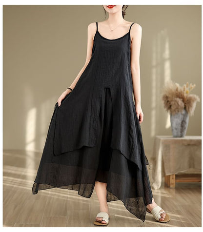 Spaghetti Strap Plain Asymmetrical Maxi A-Line Dress SpreePicky