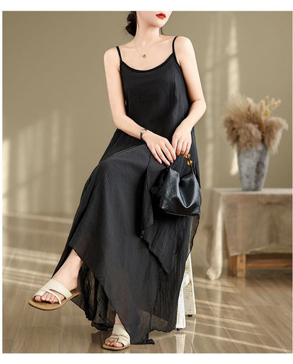 Spaghetti Strap Plain Asymmetrical Maxi A-Line Dress SpreePicky