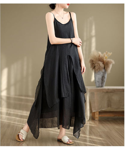 Spaghetti Strap Plain Asymmetrical Maxi A-Line Dress SpreePicky