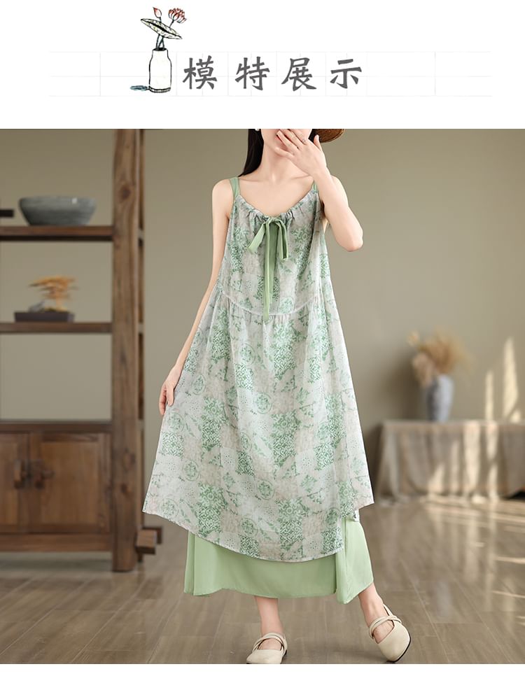 Sleeveless V-Neck Patterned Print Panel Tie Front Maxi A-Line Dress SpreePicky