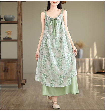 Sleeveless V-Neck Patterned Print Panel Tie Front Maxi A-Line Dress SpreePicky