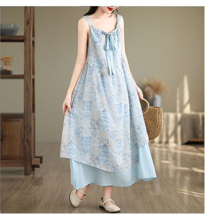 Sleeveless V-Neck Patterned Print Panel Tie Front Maxi A-Line Dress SpreePicky