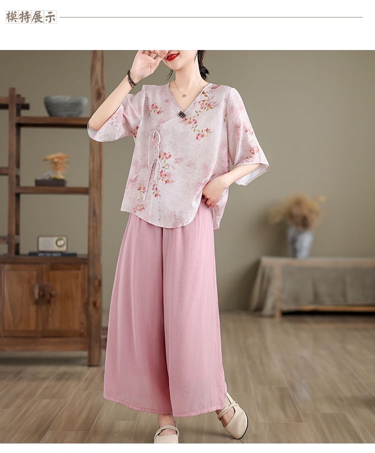 Set: Elbow-Sleeve V-Neck Floral Print Tie Front Wrap Top + High Waist Plain Wide Leg Pants SpreePicky